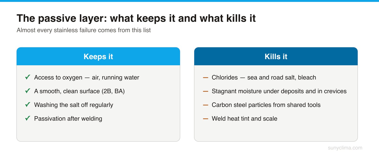 Stainless is not shielded from its environment — it re-heals inside it. Stop the healing and corrosion starts.