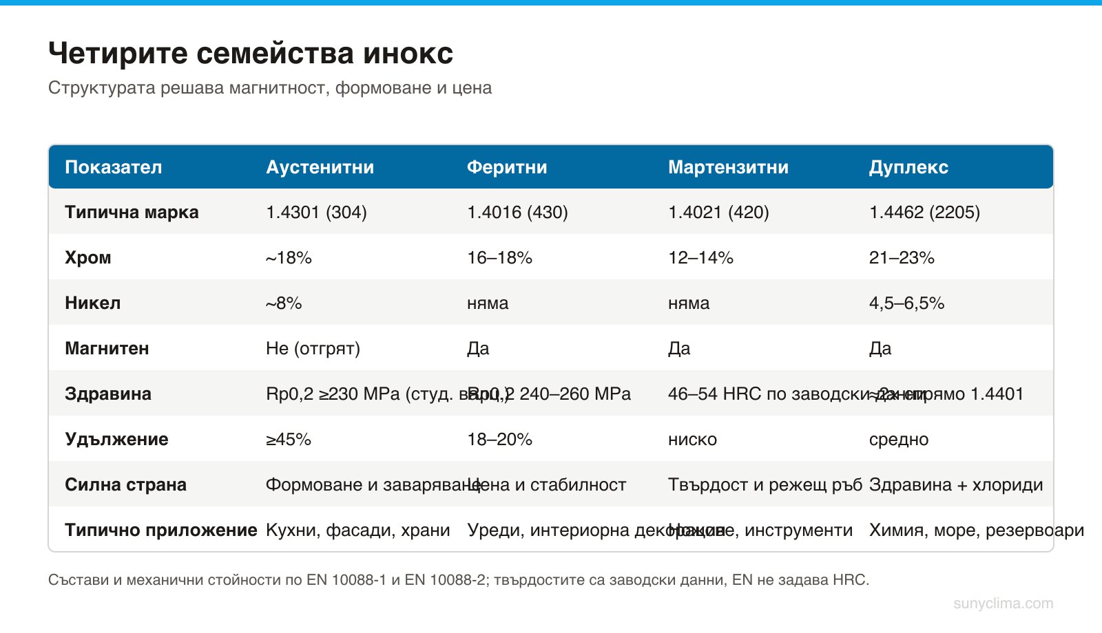 Семейството се вижда в поведението: 1.4301 се формова, 1.4016 е евтин и магнитен, 1.4021 се закалява, 1.4462 е двойно по-здрав от 1.4401. Внимание: по EN марката 1.4462 е по-широка от американското S32205.